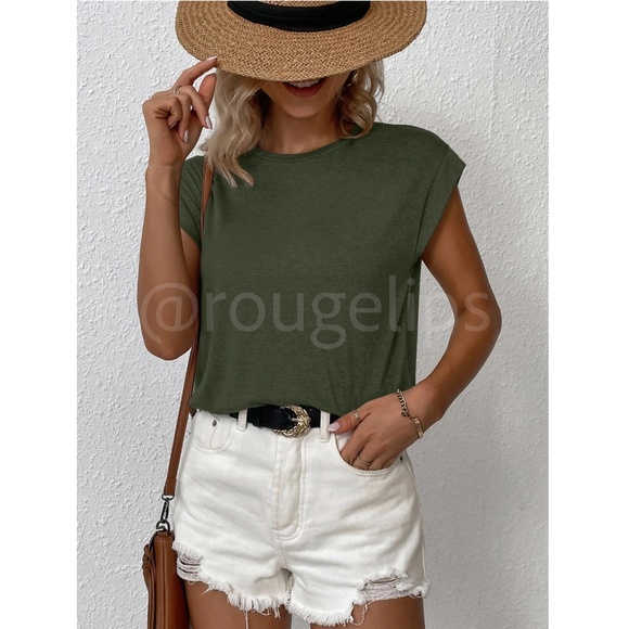 Army Green Crew Neck Muscle Tee Top Shirt Cap Sleeve, Round Neck - Picture 4 of 11